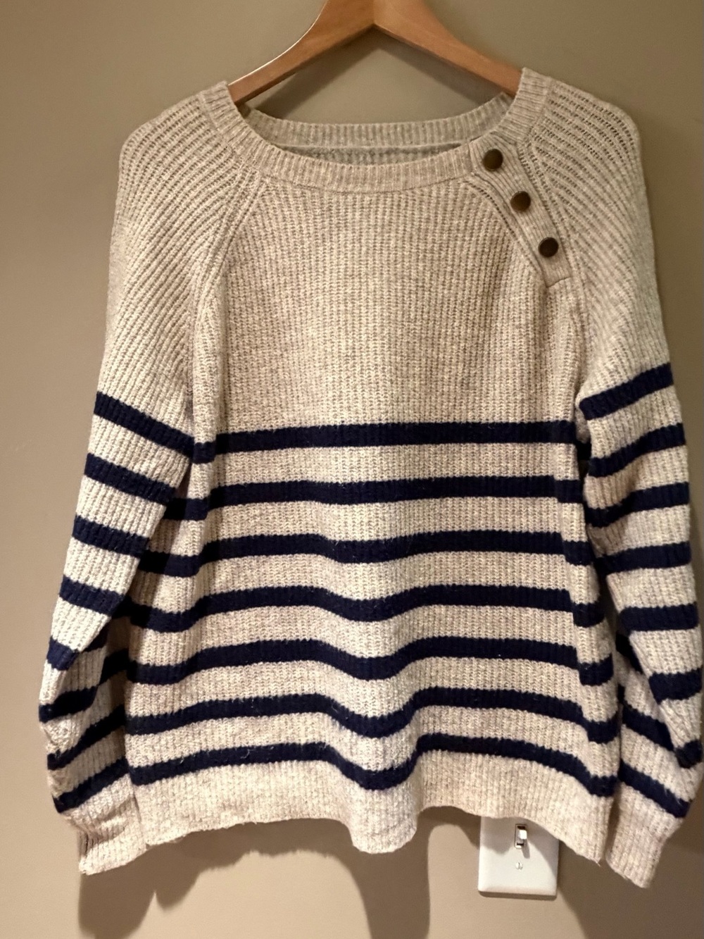 Knox Rose Cream and Navy Striped Crewneck Sweater with Shoulder Buttons L